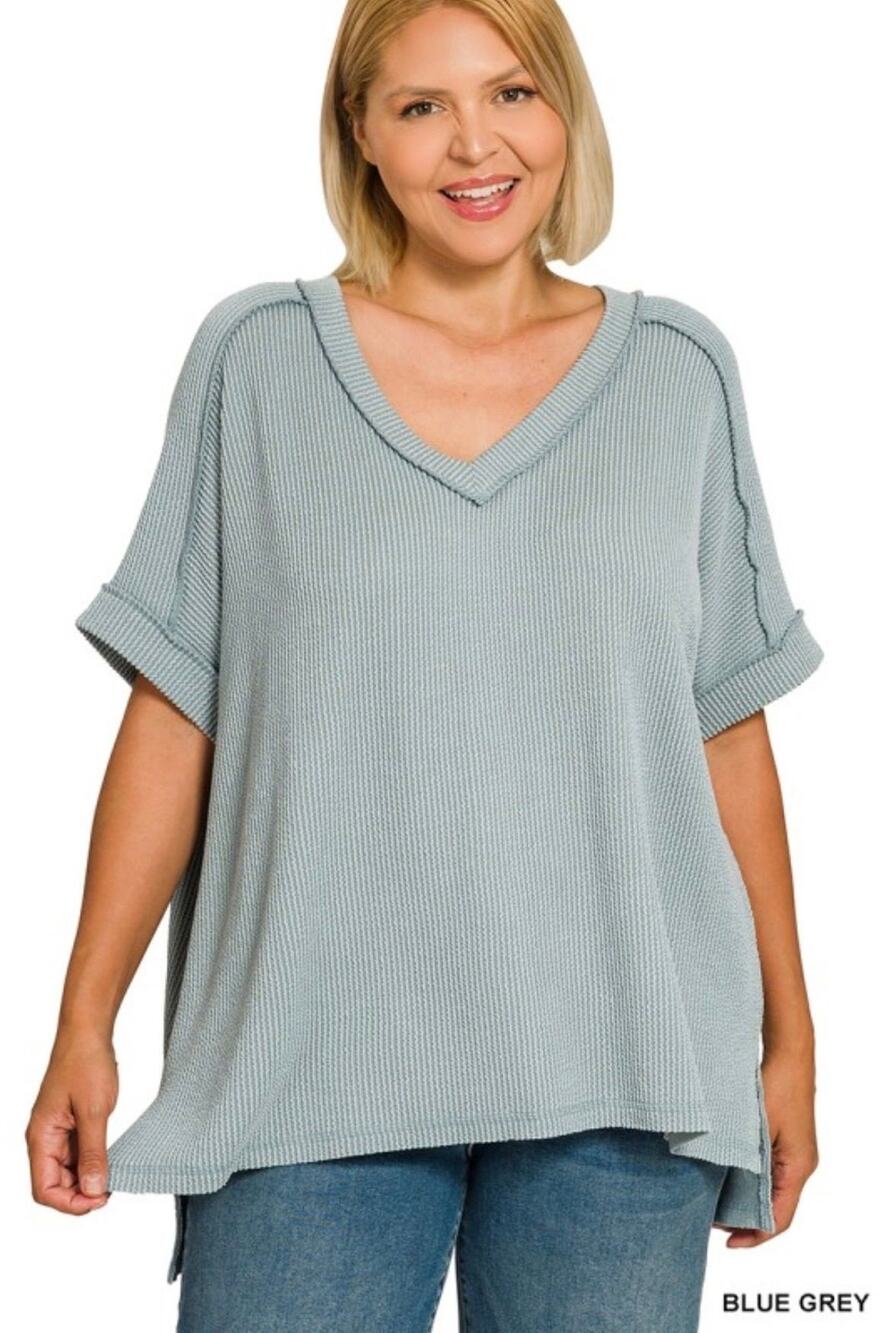 Zenana Blue Grey Ribbed Relaxed Fit V-Neck Short Sleeve Top